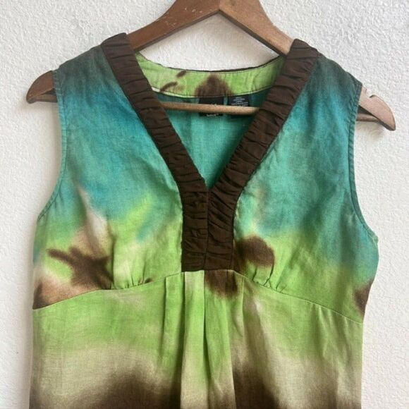 Saint Tropez West Womens Linen Sleeveless Green & Blue Tie Dye Summer Blouse SM - Picture 3 of 11